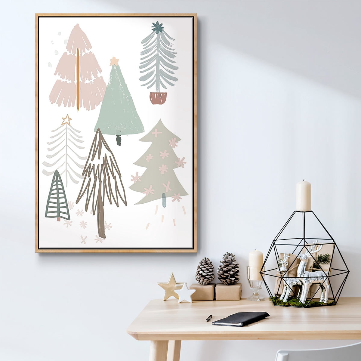 Christmas Tree Sketchbook Collection B - Framed Gallery Wrapped Holiday Canvas - 17 x 25 - Natural Wood Frame