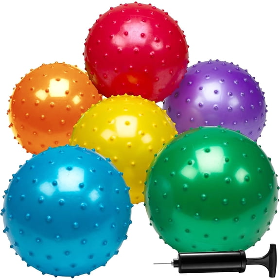 7-Inch Knobby Balls for Kids - (Pack of 6) Bulk Sensory Balls and Spiky Massage Stress Balls for Toddlers, with Pump, Fun Bouncy Toddler Balls Party Favors, Stocking Stuffers