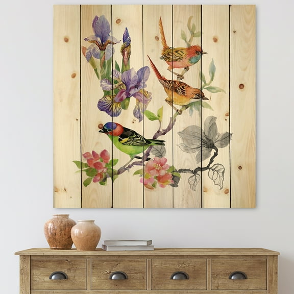 Designart 'Colourful Birds and Tropical Flowers I' Traditional Print on Natural Pine Wood
