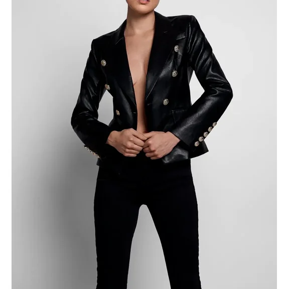 Classic Black Blazer Button Party Real Genuine Lambskin Leather Stylish Women