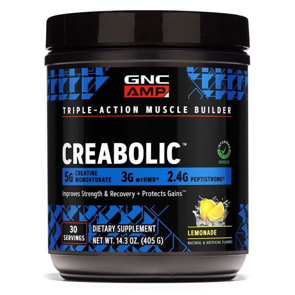 GNC AMP CREABOLIC, Triple Actoin Muscle Builder With 5G Micronized Creatine Monohydrate, 3G of myHMB and 2.4G Peptistrong, Lemonade, 30 servings