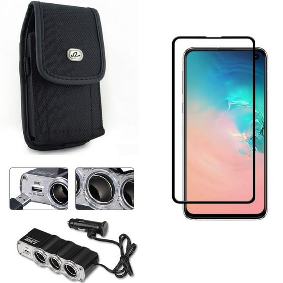 Galaxy S10e Case Belt Clip w Screen Protector w Car Charger - Rugged Holster Canvas, Tempered Glass 5D Curved Edge, Splitter 3-Port DC Socket for Samsung Galaxy S10e Phone