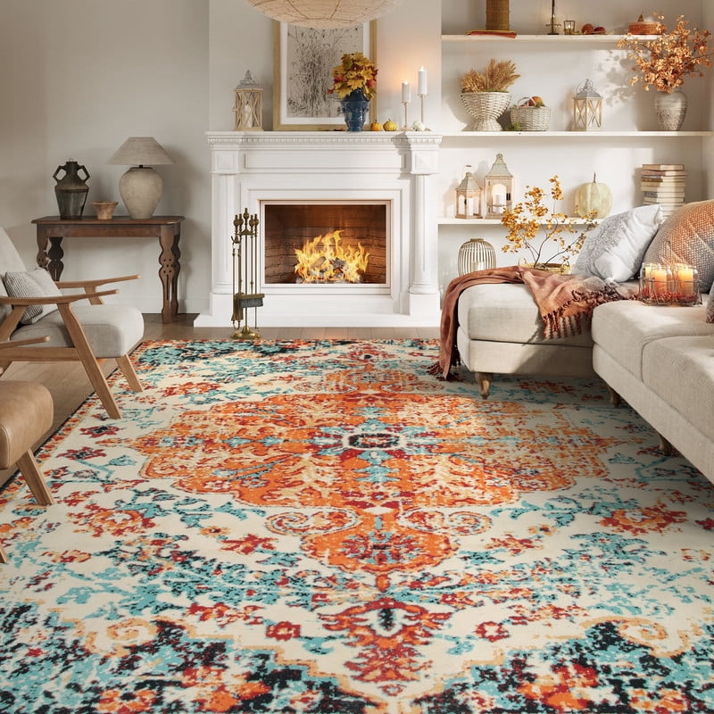 Wonnitar 9'x12' Area Rug for Living Room Boho Large Washable Rug for Bedroom Aesthetic Vintage Soft Non-Slip Non-Shedding Printed Indoor Carpet for Dining Room Nursery Kids Playroom, Orange