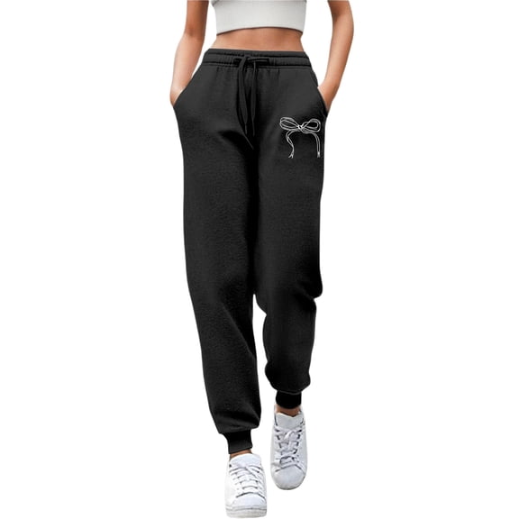 Womens Sweatpants Bow Print Straight Leg Pants Loose Fit Drawstring High Waist Sweatpants Casual Black L