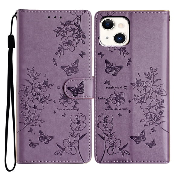 for iPhone 15 Flip Case with Credit Card Slots, Flower Butterfly Embossed PU Leather Shockproof Cash Pocket Protective Wrist Strap Kickstand Wallet Case Cover for iPhone 15, Purple