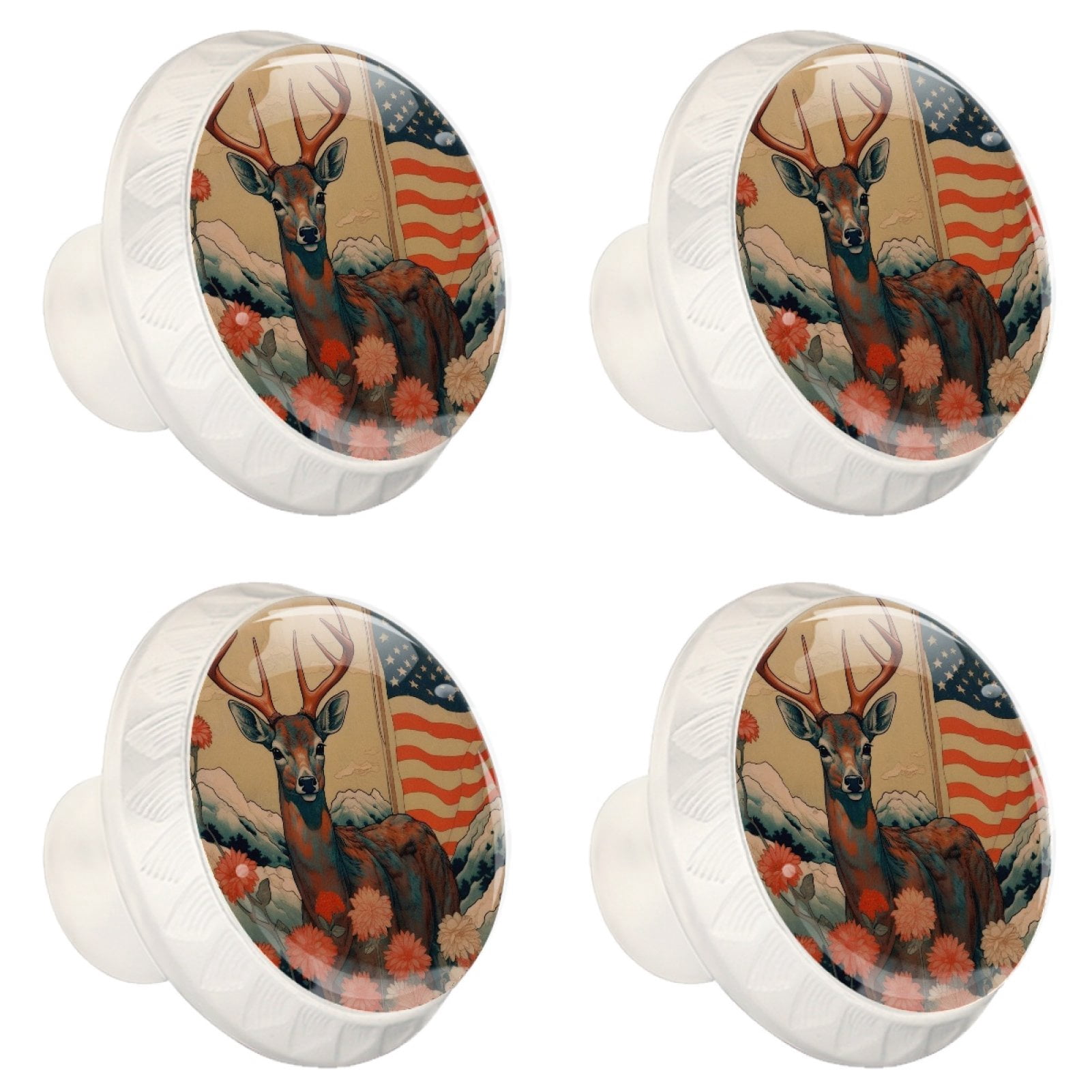 4 Pcs Deer and American Flag Knobs for Kitchen Cabinet Cupboard Dresser Bookcase Drawer Pulls Handles Round Home Decor