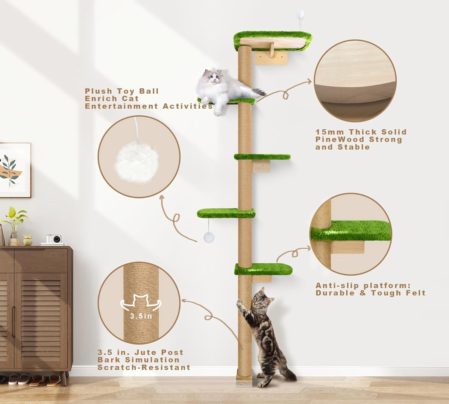 Peluomoz Green Adjustable Floor to Ceiling Cat Tree with 5 Plush Platforms, 83 in