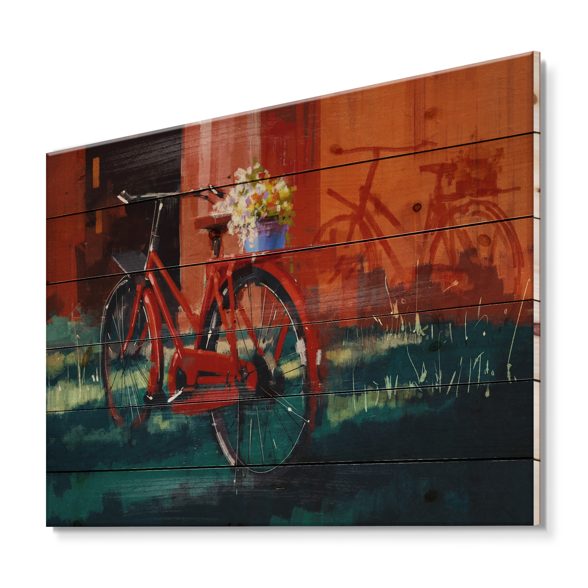 Designart 'Red VIntage Bicycle With Flowers Bucket' Vintage Print on Natural Pine Wood