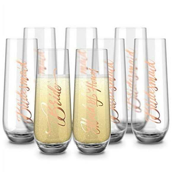 Bride & Bridesmaids Stemless champagne Flutes, by Kook, Durable glass, - Stemless Mimosa cocktail glasses - gift for Bridal Shower, Wedding, Bachelorette Party - clear Set of 8, 105oz (Bridal)