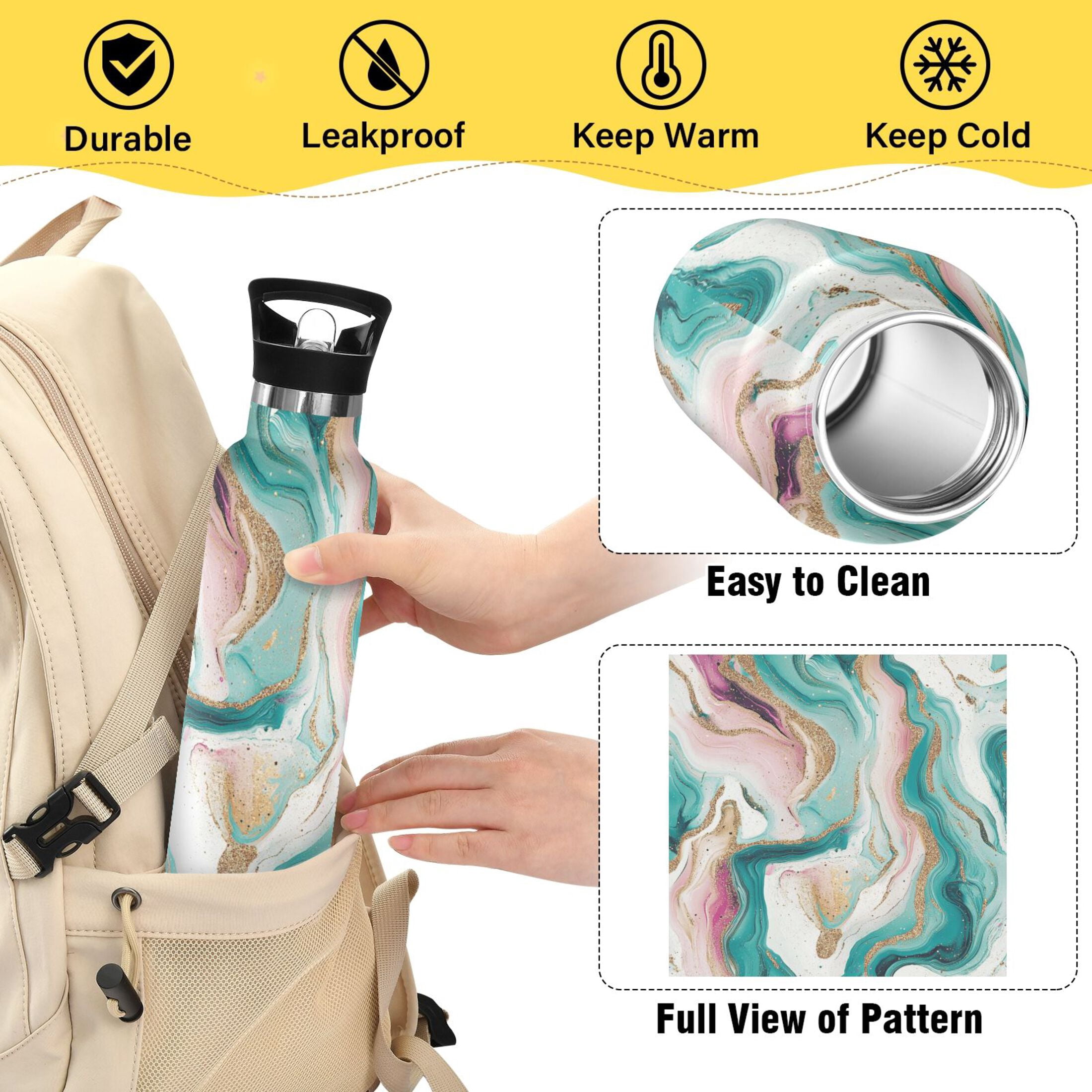 Kids Insulated Stainless Steel Sports Water Bottle 600ml (20oz) Teal Swirling Marble Pattern