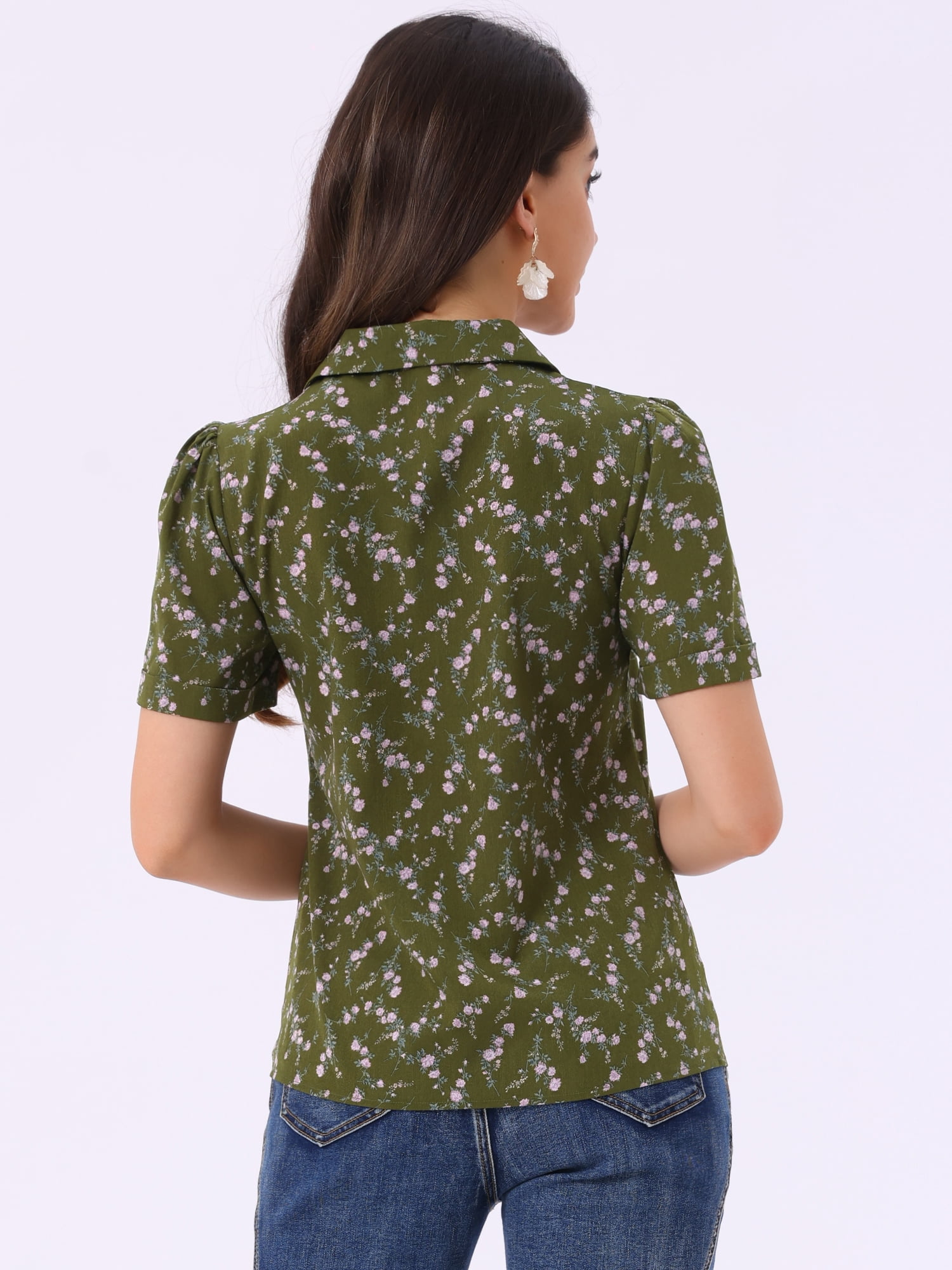 DARING DIVA Women's Short Sleeve V Neck Notch Lapel Collar Shirt S Olive Green