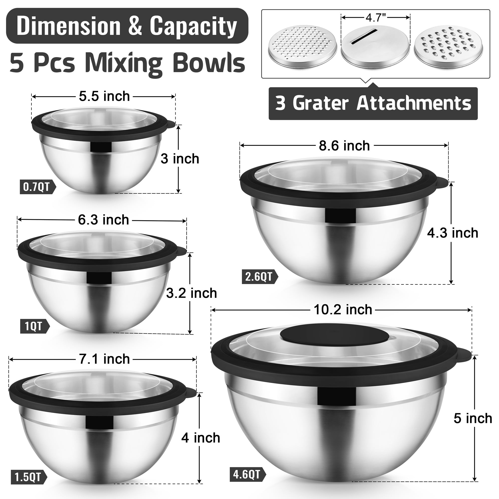 Vesteel Mixing Bowls with Lids Set of 5, Stainless Steel Prep Bowls with Upgraded Airtight Visible Lid, Metal Nesting Bowl Attach with 3 Graters for Kitchen Grating/ Shredding / Mixing - Black