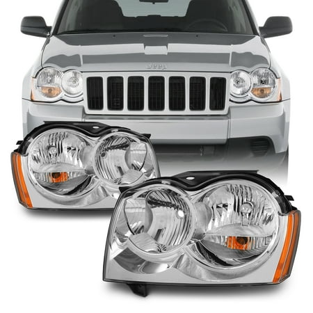 Fit 05-07 Jeep Grand Cherokee Amber Chrome Headlights Front Lamps