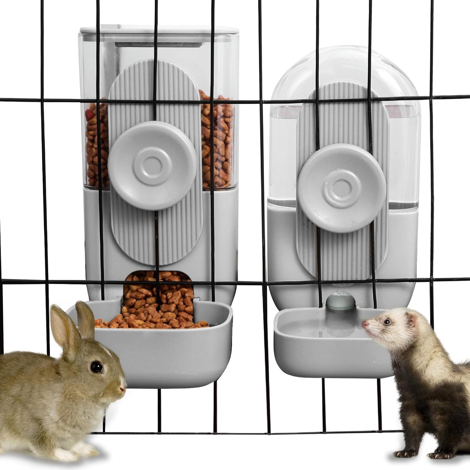 Hanging Automatic Food Water Dispenser,Gravity Rabbit Feeder, Water Dispenser Food Bowl for Bunny Chinchilla Guinea Pig Hedgehog Ferret (White Brown)