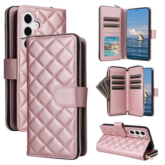 for Samsung Galaxy S23 FE Wallet Case, Multi-Functional Zipper Purse Case, with Flip Stand Card Holder PU Leather Phone Cover with Lanyard & Wrist Strap for Samsung Galaxy S23 FE, Rosegold
