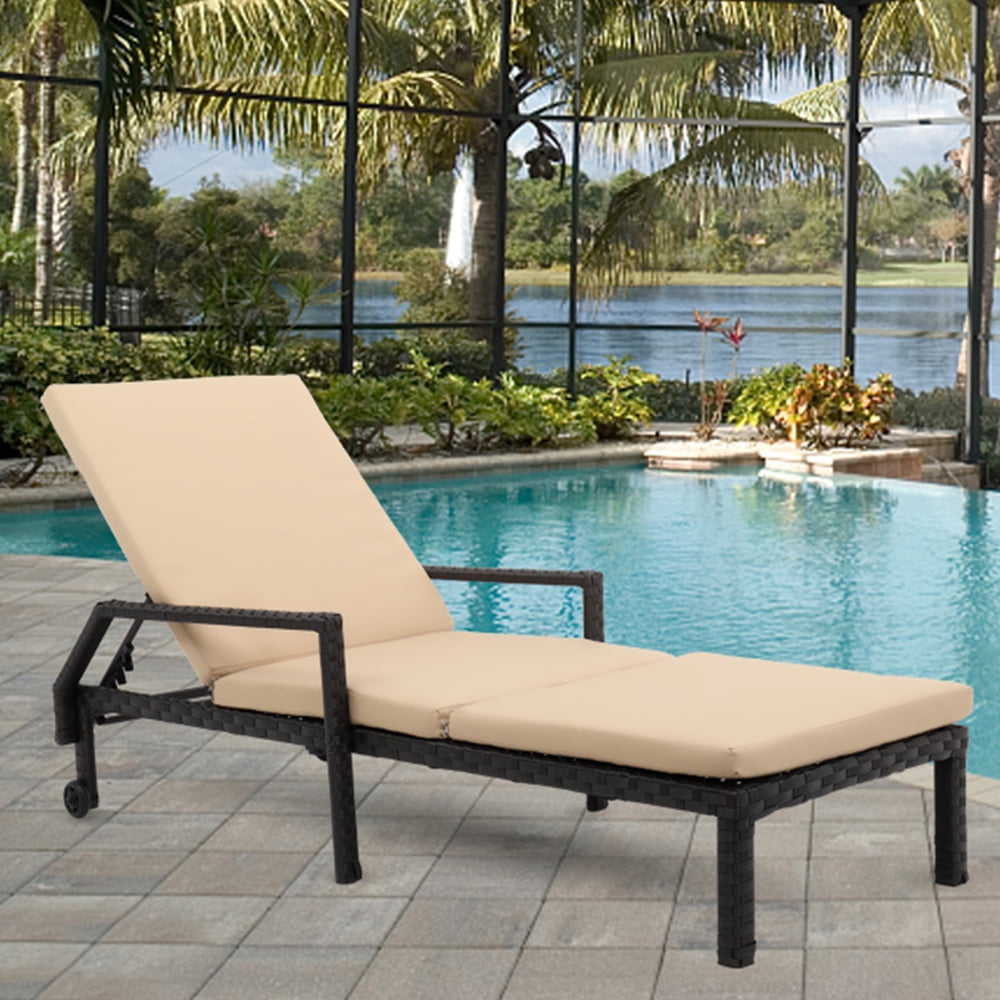 Outdoor Lounge Chair, Adjustable Patio Chaise Lounge Chair with Wheels, All Weather Rattan
