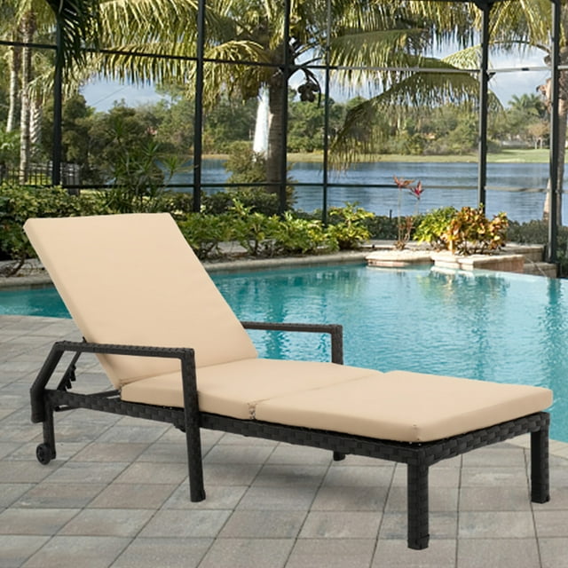 Patio Chaise Lounge, Adjustable Patio Chaise Lounge Chair with Wheels, Outdoor Rattan Lounge Chair with Armrest and Cushion, Patio Furniture Recliner for Deck, Poolside, Backyard(1, Beige), LLL265