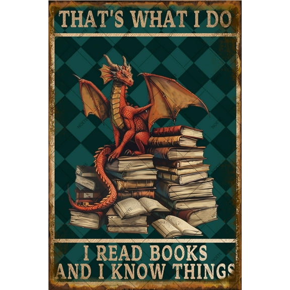 Noete Dragon Personalized Library Sign 12x16 inch Funny Metal Tin Sign "That's What I Do I Read Books" Retro Vintage Wall Decor for Study, Office & Home