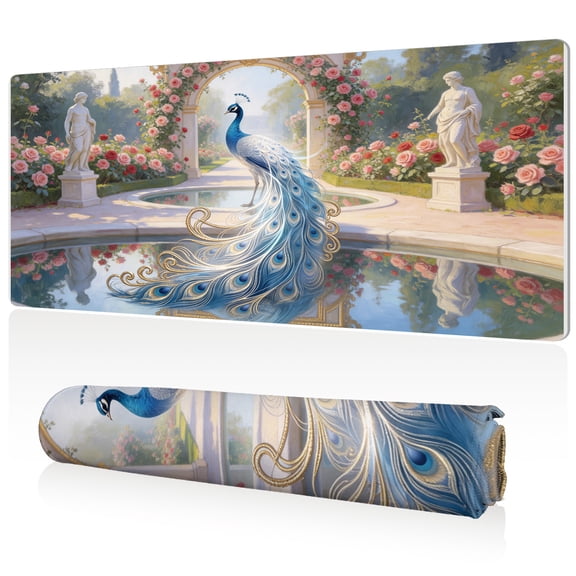 LIVEKEY Extra Large Mouse Pad Peacock in Rose Garden 80x40x0.3cm Non Slip Full Desk Coverage Durable Easy Clean Stitched Edges for Gaming and Office