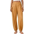 thumbnail image 2 of Womens Casual Wide Leg Pants with Pockets, 100% Cotton Elastic Waist Drawstring, Soft Lightweight Pull On Trousers for Summer, Loose Fit Lounge Pants for Beach Work | VerBelle,Yellow XL, 2 of 7