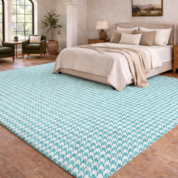 Addison Rugs Dream Shag Premium Machine Washable Transitional Houndstooth Aqua Rectangle Rug, 10' x 14'