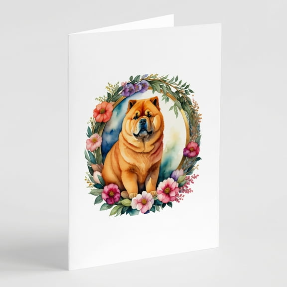 Chow Chow and Flowers Greeting Cards and Envelopes Pack of 8 7 in x 5 in