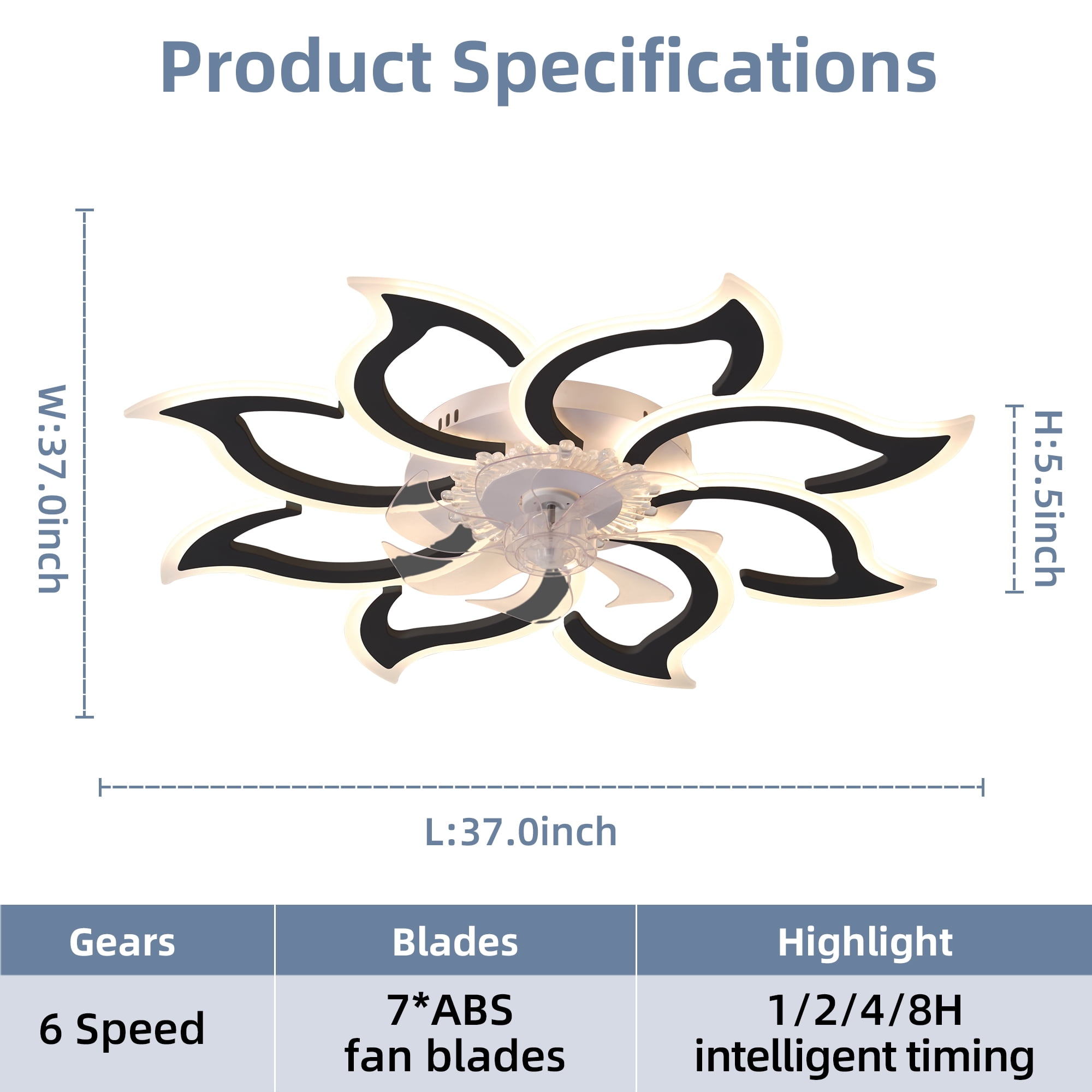 Eowynic 37-Inch Modern Black Ceiling Fan with Lights – Remote Control, Flower-Shaped Chandelier, 3 Color Temperatures, 6-Speed, Flush Mount