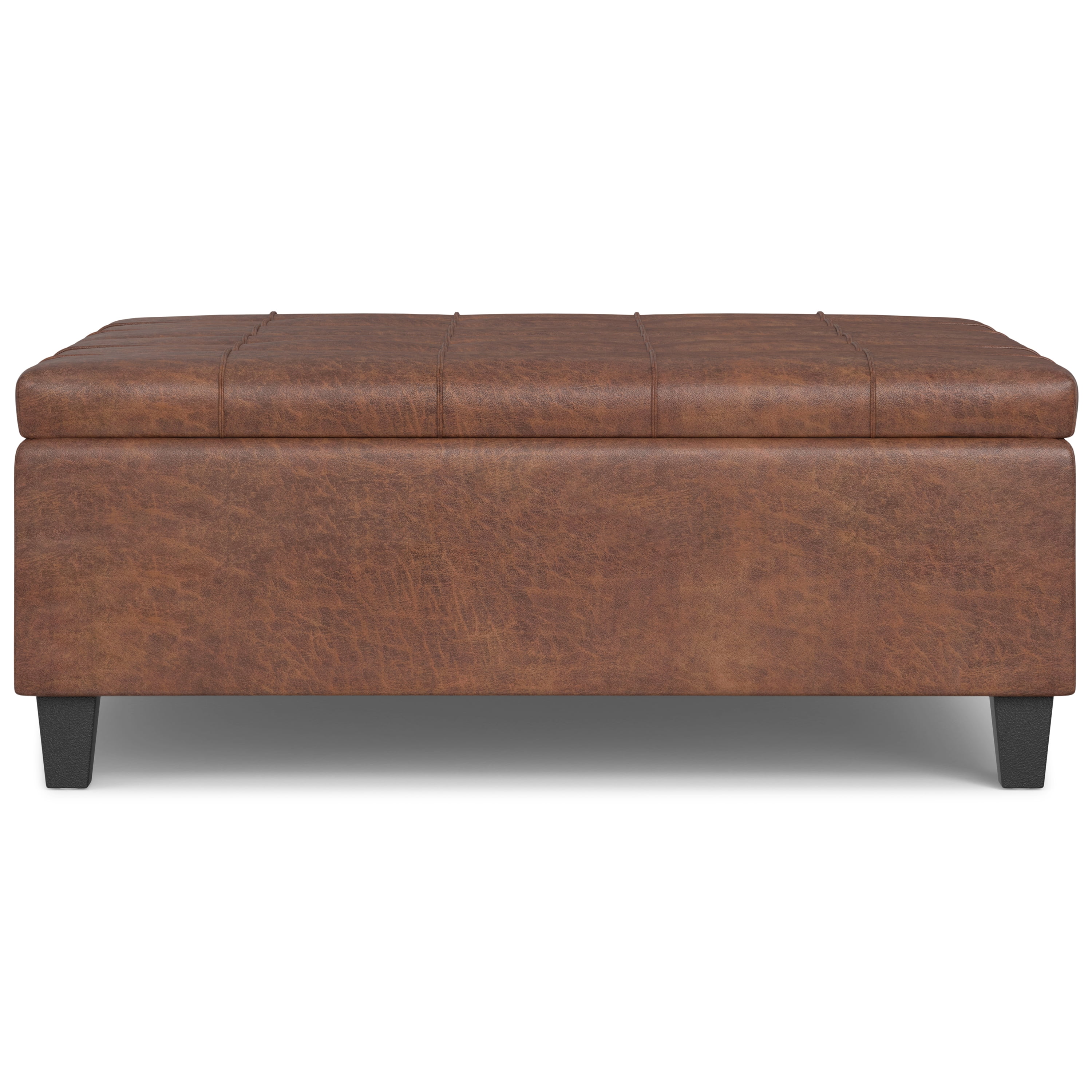 Harrison 40 inch Wide Transitional Large Square Coffee Table Storage Ottoman in Distressed Saddle Brown Vegan Leather