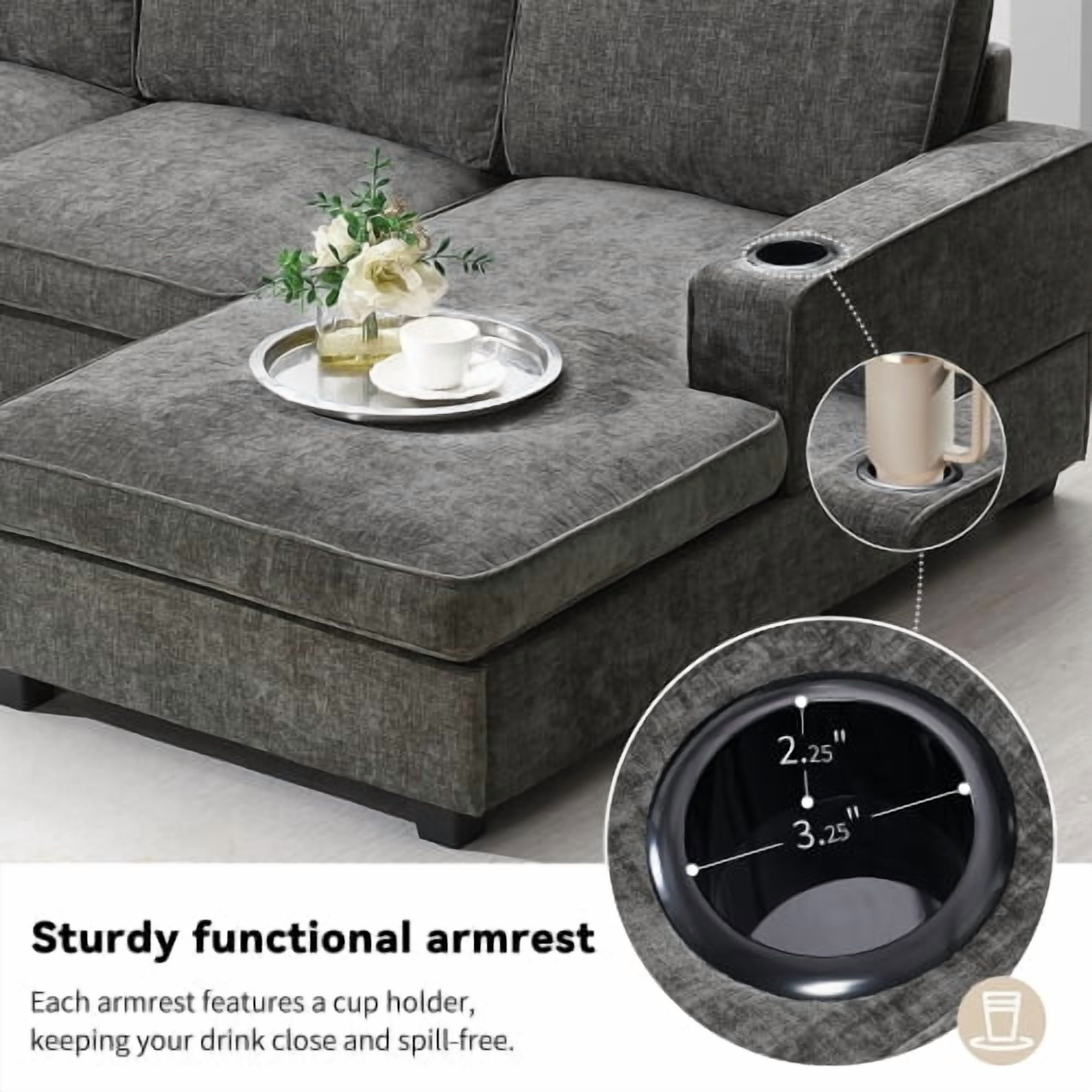 117.5" U-Shaped Chenille Sectional Sofa, 6-Seat Corner Couch Set with Cup Holders & Oversized Chaise Lounge, Irregular Corner Design for Living Room & Apartment, Gray