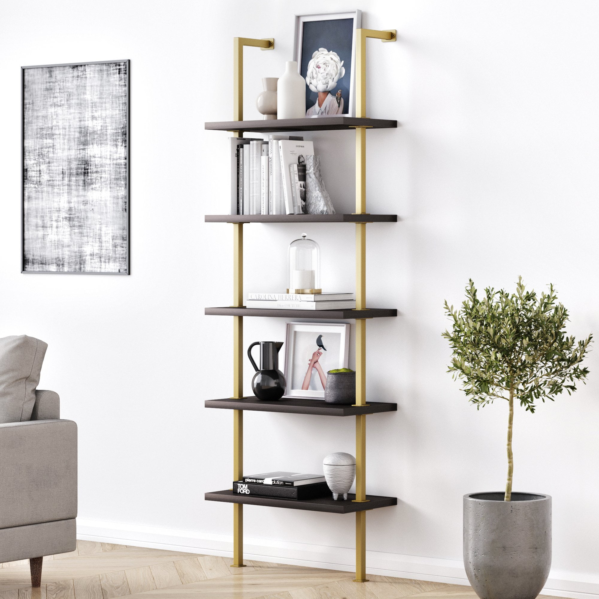 63" White Black Wood Ladder Storage Shelves Home Office Bookcase Bookshelf Rack 