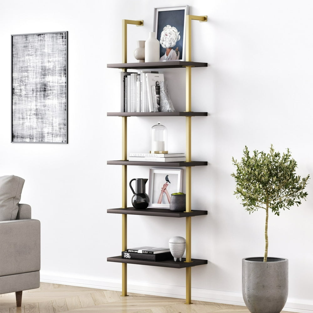 Nathan James Theo Industrial 5Shelf Gold Ladder Bookcase with Dark Oak