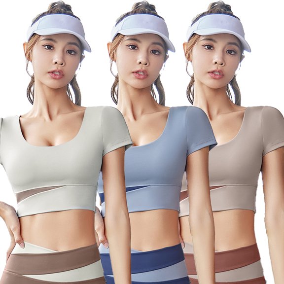 FLMEI Short Sleeve Croptops for Women Tummy Cross Running Yoga Shirts Womens Workout Fits Snugly Tank Tops S-XXL