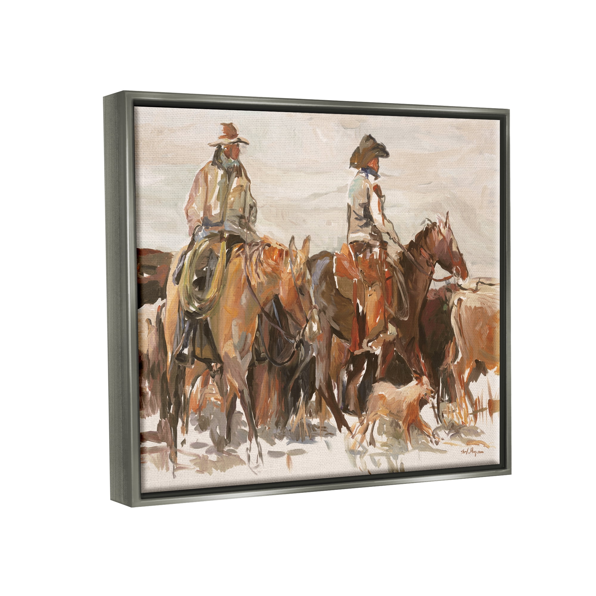 Stupell Industries Cowboys And Horses Farm Western Painting Luster Gray Framed Floating Canvas Wall Art, 16x20, by Marilyn Hageman
