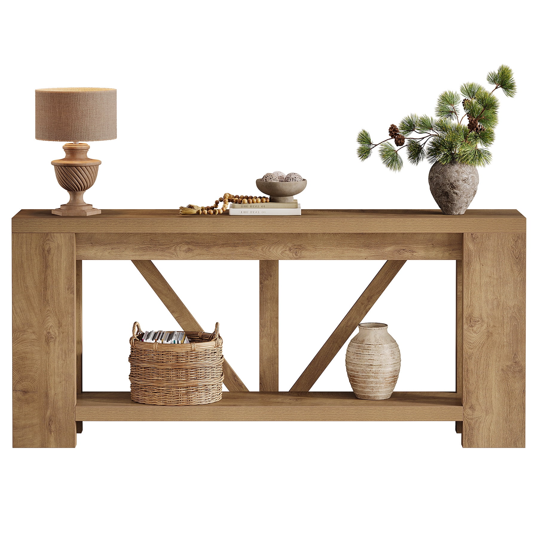 Fnova 70.9" Console Table, 2-Tier Farmhouse Entryway Table, Narrow Long Wood Sofa Table Behind Couch with V-Shaped Support for Living Room, Hallway, Foyer