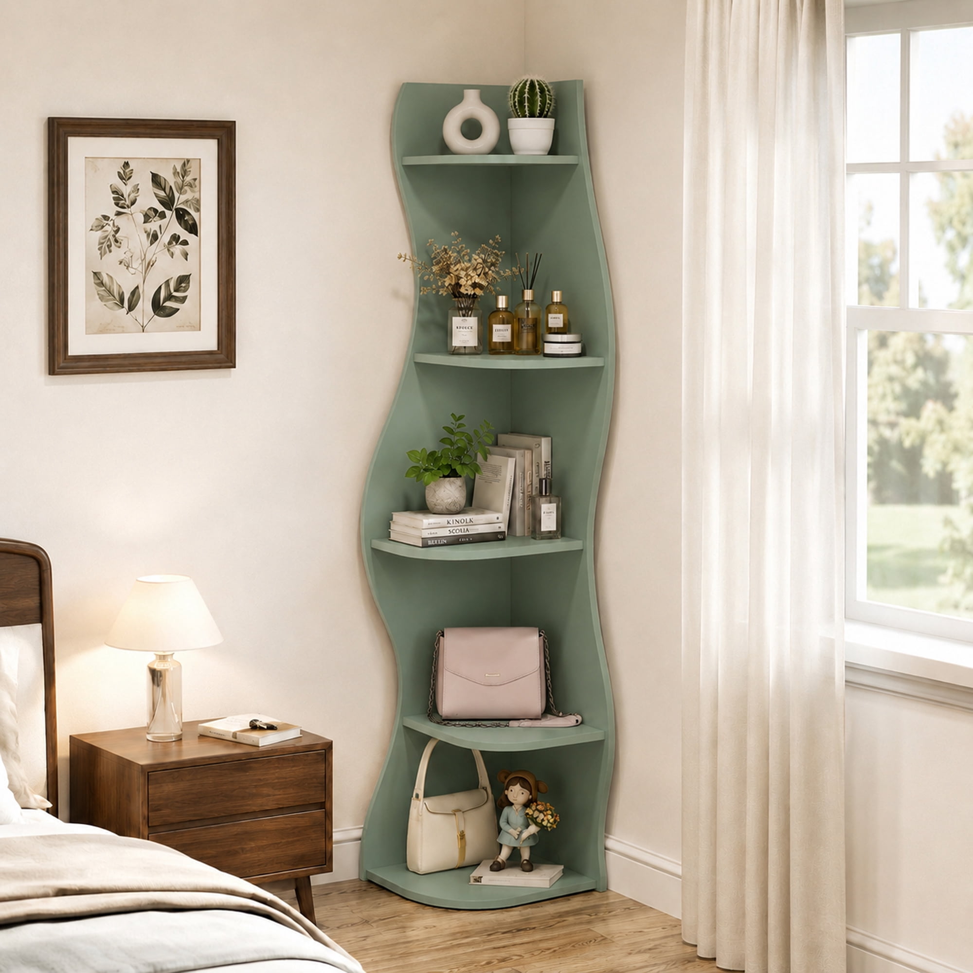 Leumius 5-Tier Bookshelf,Freestanding S-Shaped Corner Shelf Curved Display Rack,Space-Saving Corner Display Bookshelf/Plant Stand for Living Room Home Office,Sage Green
