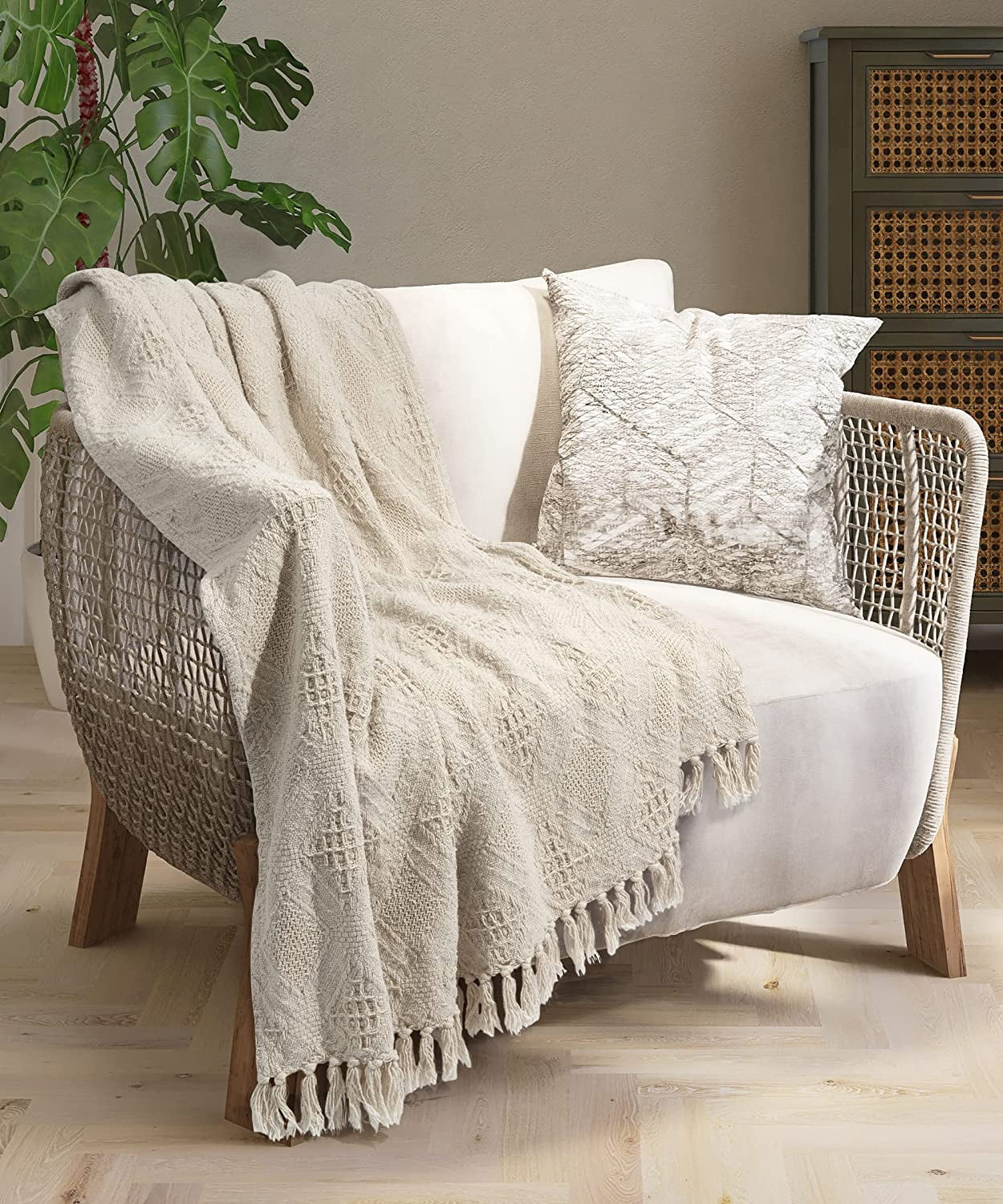 Afuly Beige Throw Blanket Boho Soft Cozy Knit Blanket with Tassel, Solid Decorative Blankets and