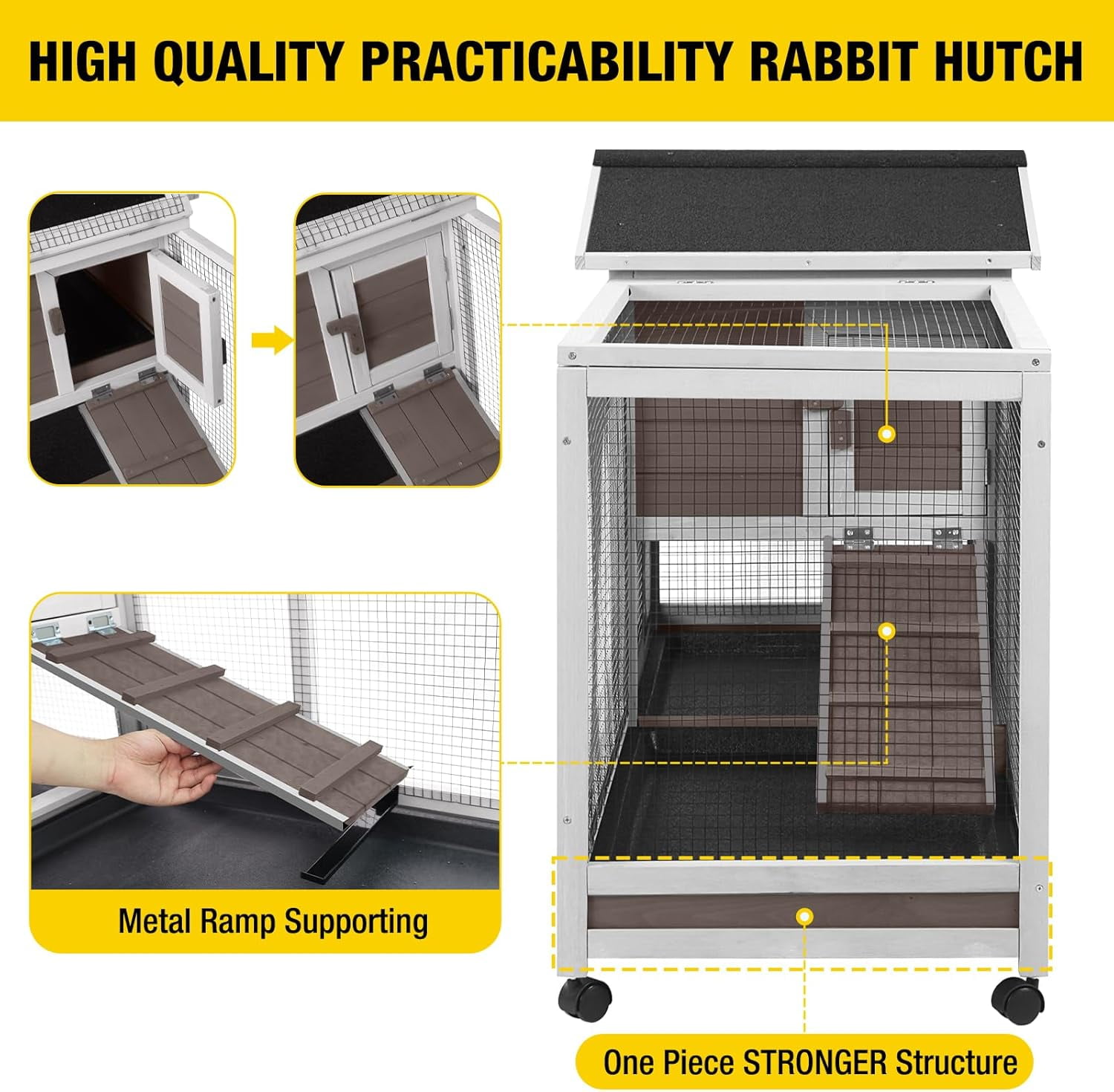 Aivituvin Rabbit Hutch Wooden Bunny Cage Indoor Outdoor Guinea Pig Cage on Wheels Large