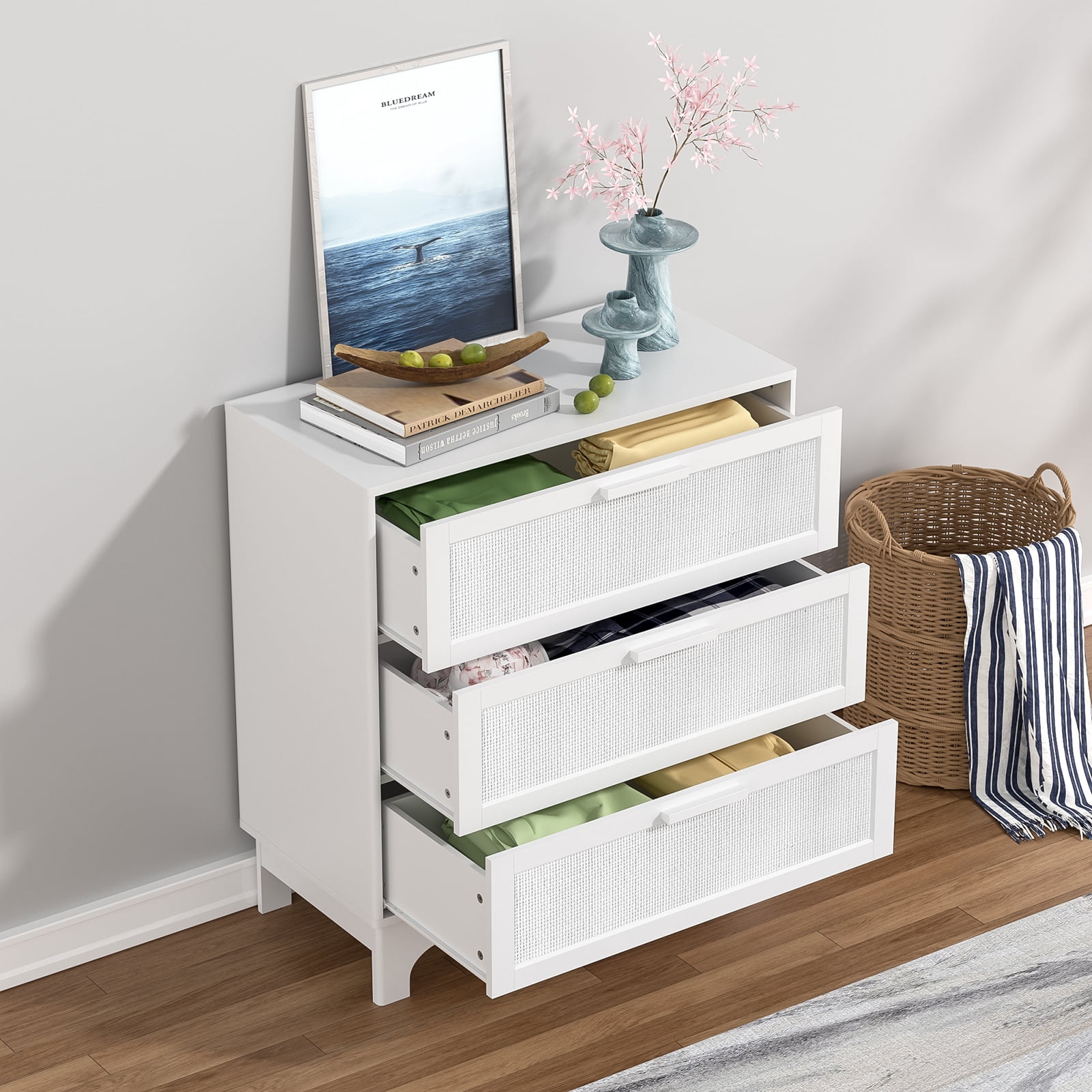 Eumyviv 3 Drawer Dresser, White Rattan Dresser for Bedroom Chest of Drawers for Living Room Bedroom, White H0151