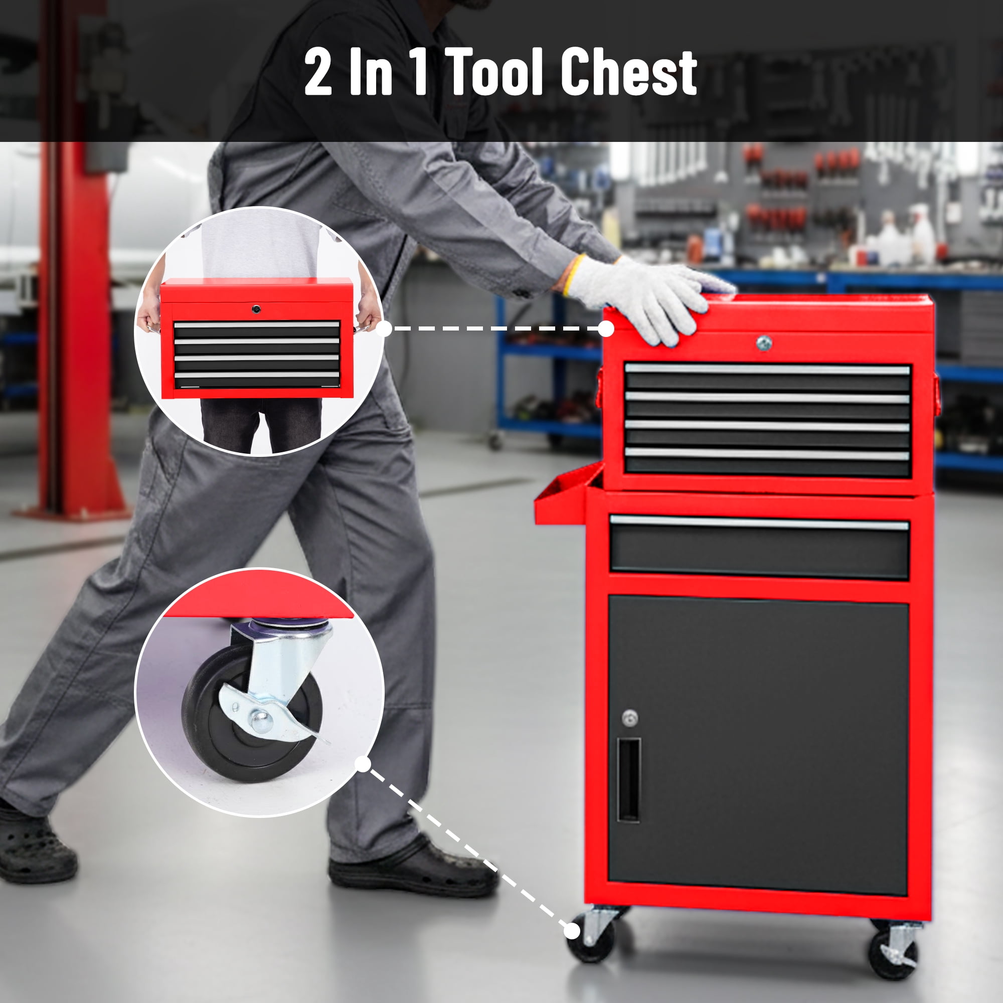 5-Drawer Tool Box, Enyopro Rolling Tool Chest, Stainless Steel Tool Box with Brake Wheels and 4 Drawers, Detachable Tool Cart, Red