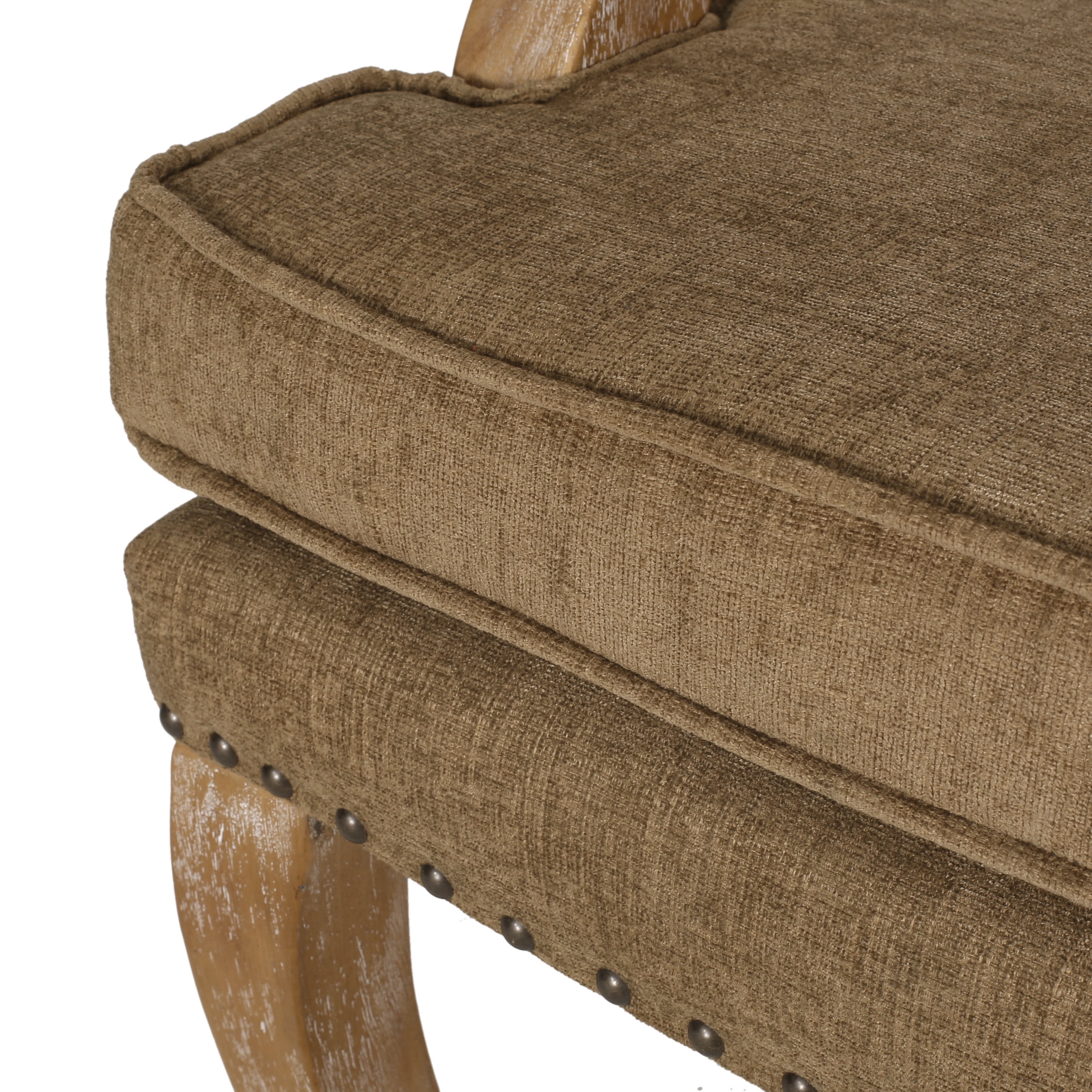 Noble House Ardson Fabric and Wood Dining Arm Chair with Nailhead Trim, Dark Beige and Natural Brown