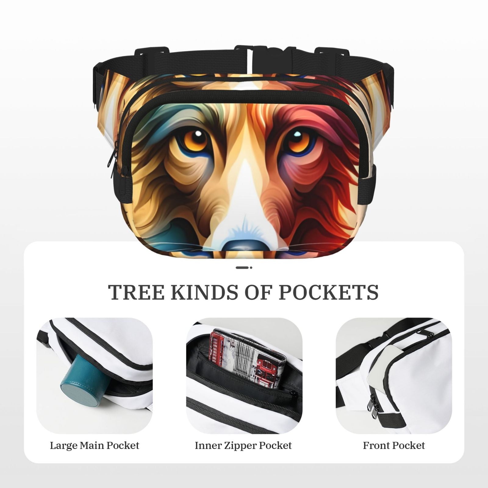 Picia Colorful Art Dog Print Square Double-Layer Waist Bag Mini Adjustable Waist Belt Bag Exercise Running Travel Hiking