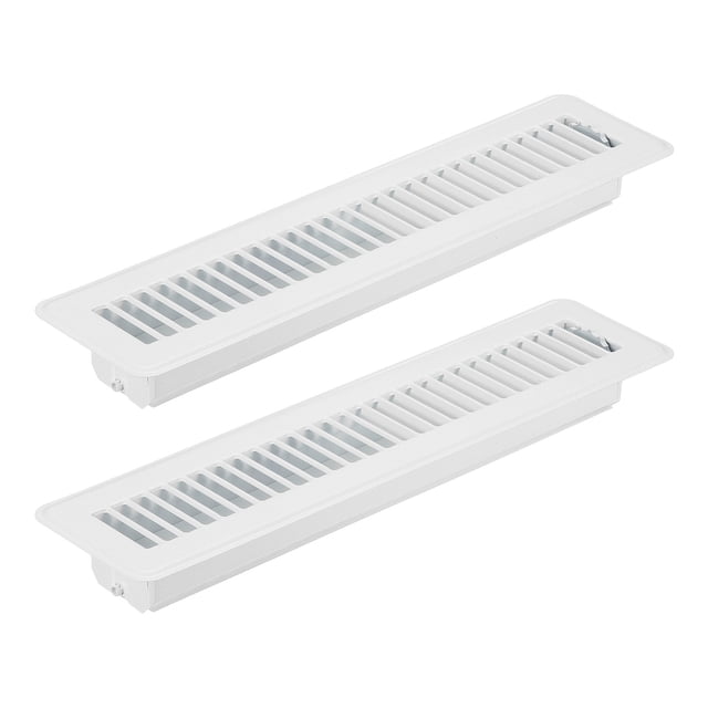 Uxcell 14 x 2 Inch Floor Register, 2pcs heavy duty air vent cover in white, featuring adjustable blades for airflow control. Made of durable steel with a total size of 15.5 x 3.7 inches, suitable for mounting hole size of 14 x 2 inches. Ideal for homes, offices, and other spaces.