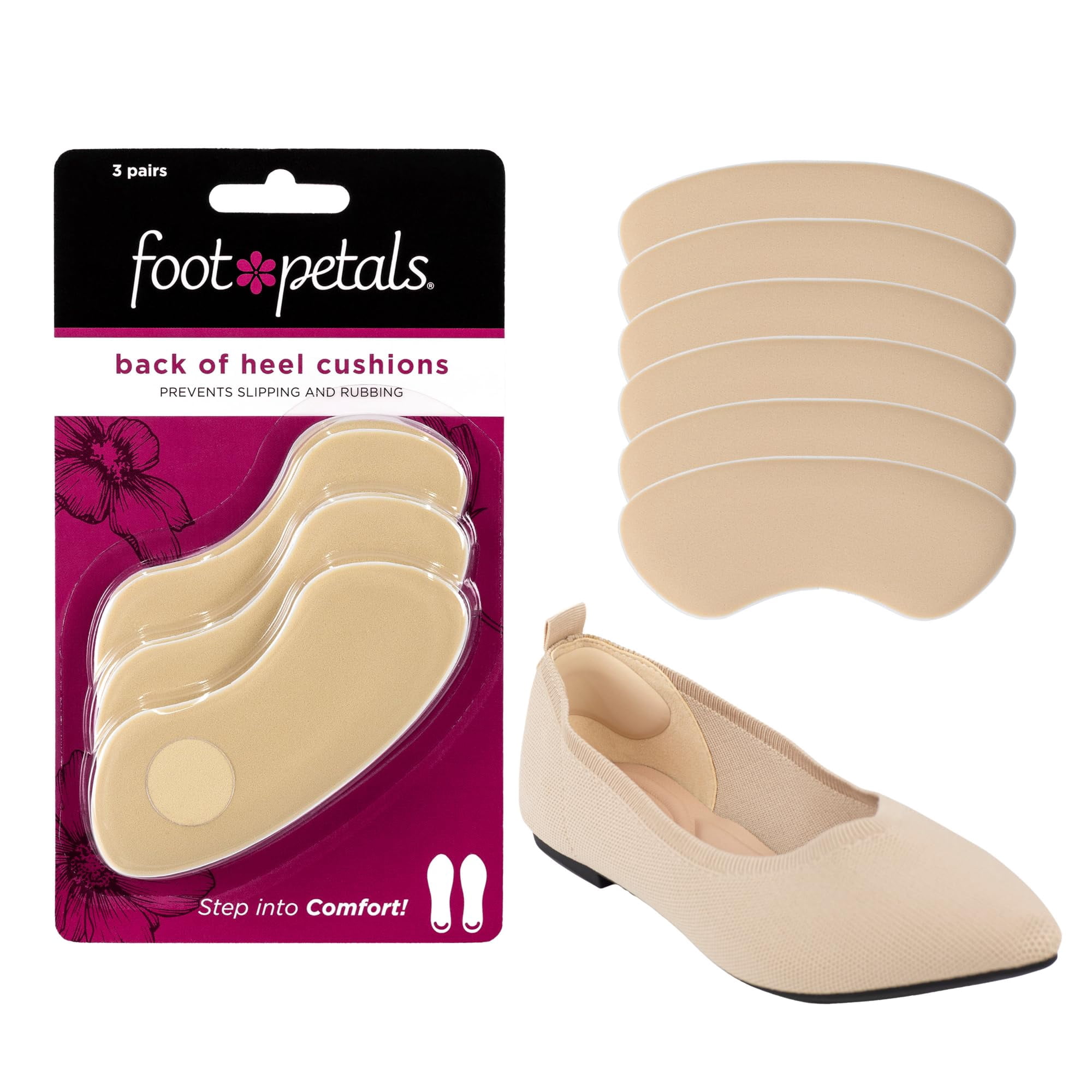 Foot Petals Back of Heel Cushion Inserts, Slim Heel Slip Prevention Shoe Pads, 3 Pairs - Khaki