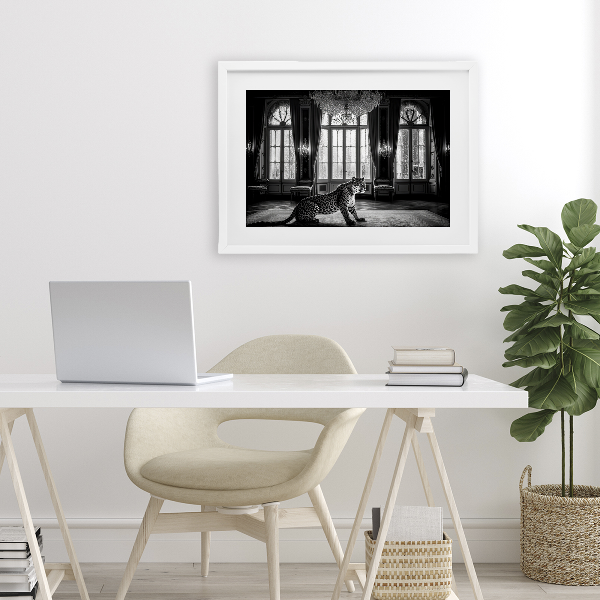 Snow Leopard in Opulent Mansion White Framed Print Under Glass, design by Decent Exposures