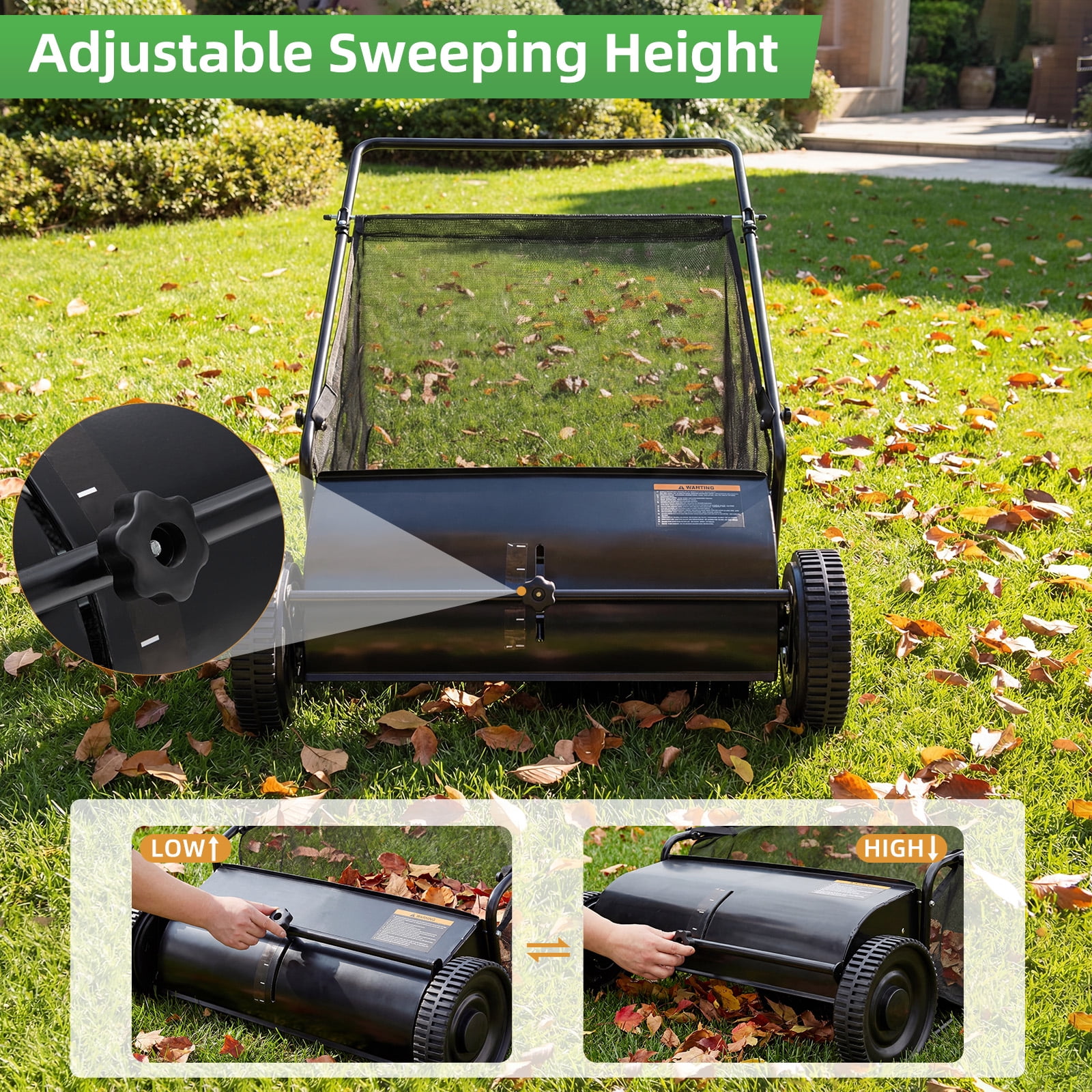 JFHID Push Lawn Sweeper,26 in Leaf & Grass Collector with 7 cu. ft.Hopper Bag Heavy Duty Yard Sweeper with 10" Rubber Wheels for Lawn