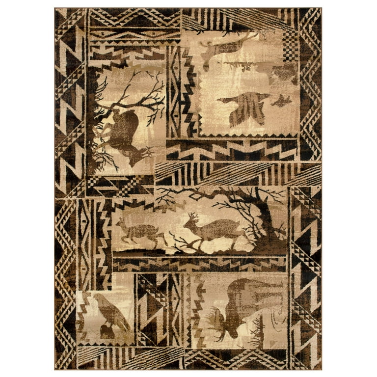 Lodge Cabin Nature and Animals Area Rugs 8x10 Nature Pattern Cabin Area RugAbstract Chocolate Brown Beige Rabbit Deer Moose Birds Walmart