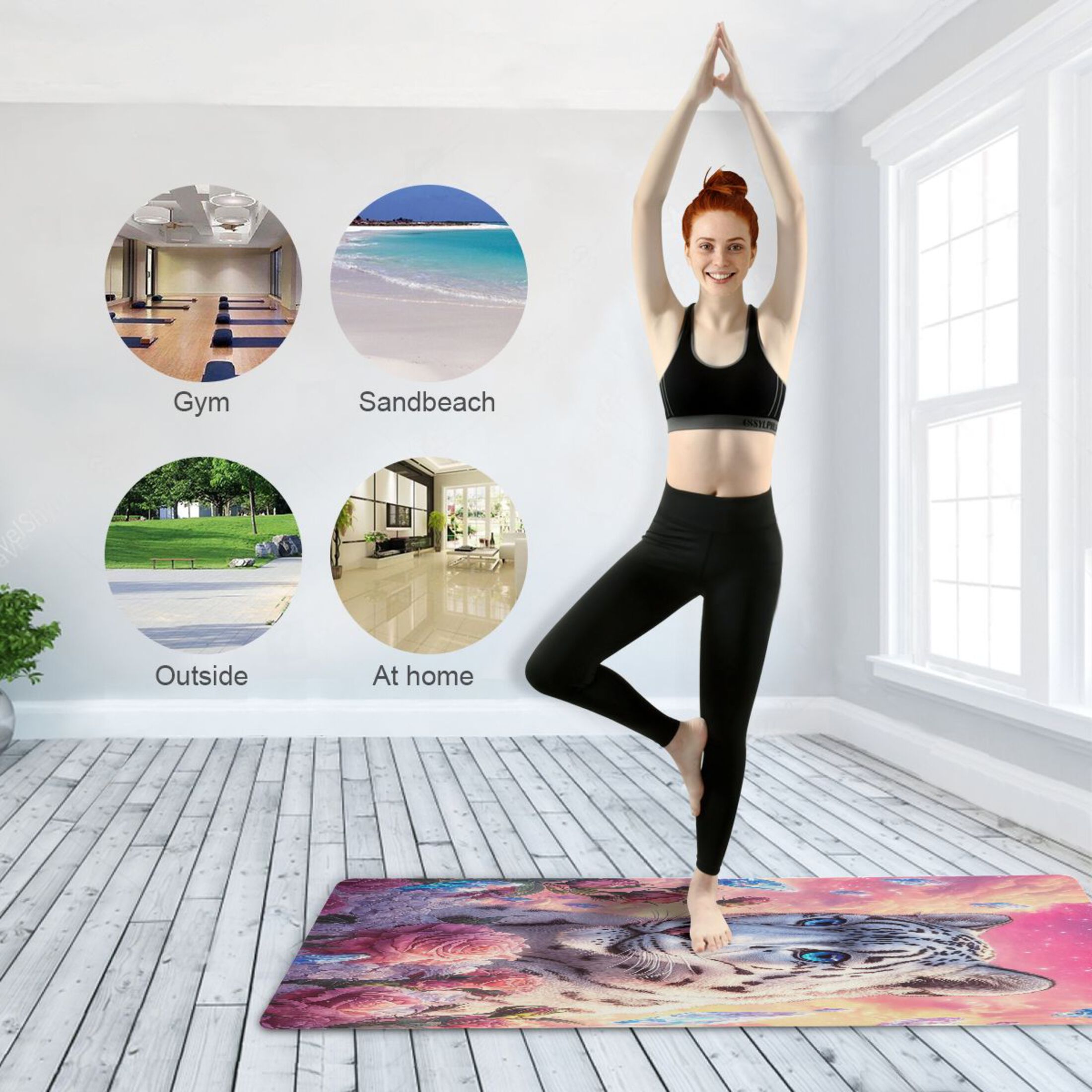 BZSMCE Yoga Mat Women Snow Leopard Roses Crystals Fitness Mat