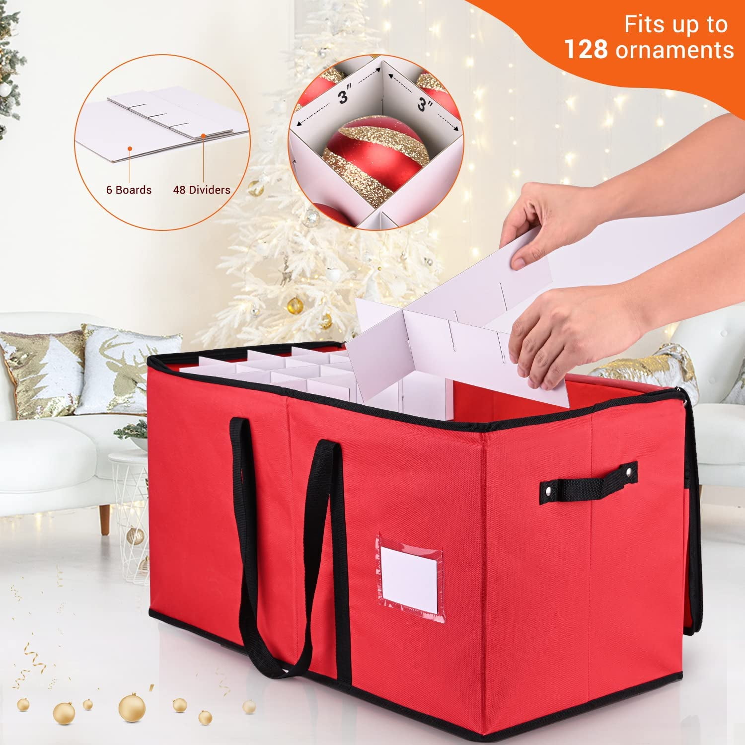  Keten Christmas Ornament Storage, Ornament Storage Box Fits 128  Holiday Ornaments 3-Inch,with Adjustable Dividers & Pockets, Dual Zipper  Closure, 600D Tear-Proof Fabric (Red) : Everything Else
