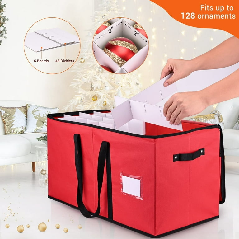 DOVAMY Christmas Ornament Storage Containers with Adjustable Dividers, Plastic Ornament Storage Bin with Lids, Red Xmas Organizer and Decoration