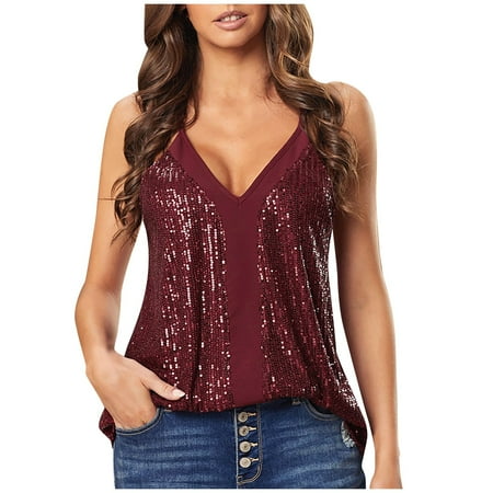 Outfmvch Womens Tops Tank Top For Women Women Fashion V Neck Party Sequin Strap Loose Casual Sleeveless Tunic Tank Tops Corset Tops For Women Red XL